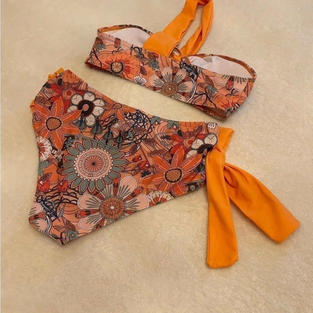 SHEIN ORANGE/FLORAL BIKINI SET SZ SMALL